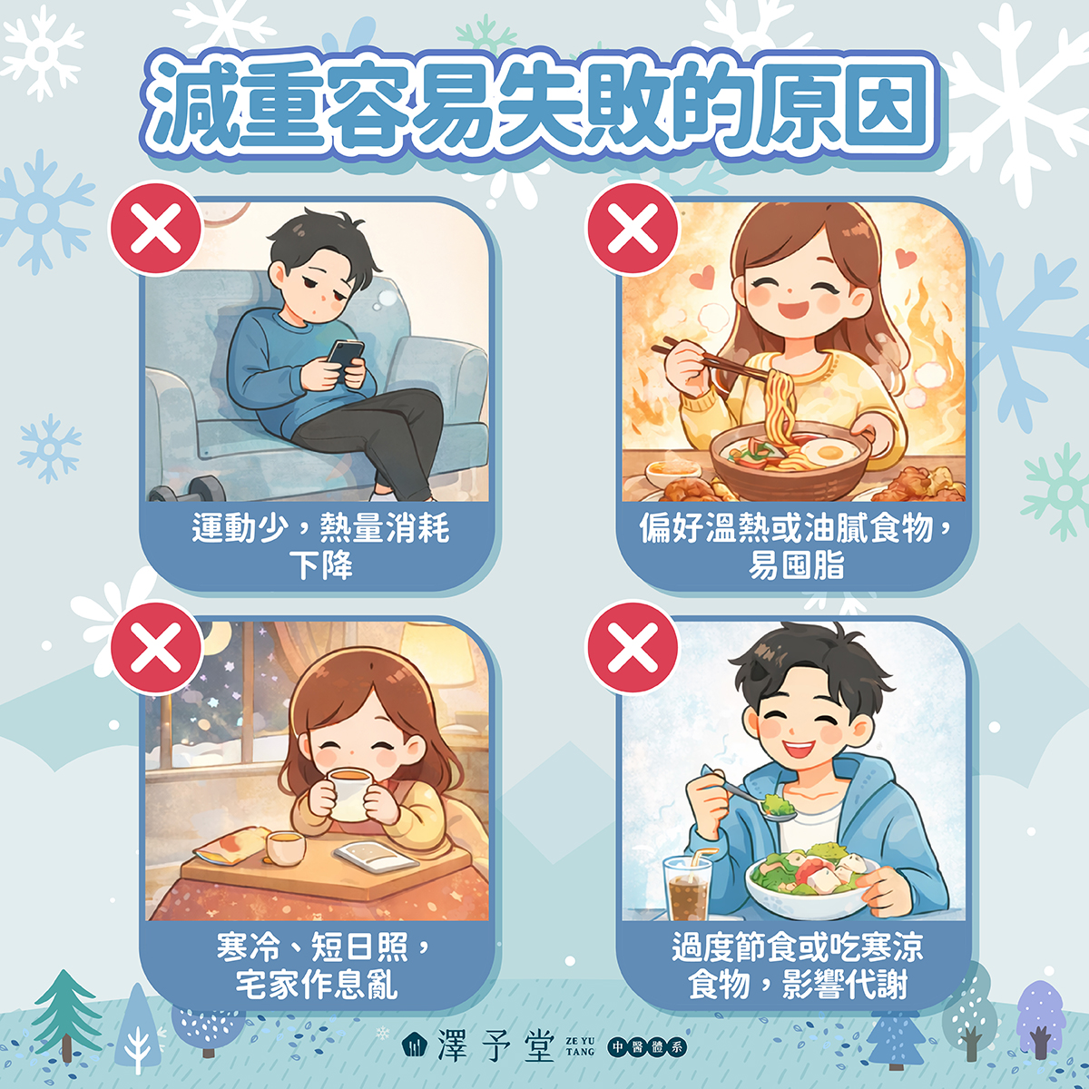 冬天減重, 冬季瘦身, 基礎代謝提升, 冬天減肥技巧, 薑蒜代謝, 季節性肥胖, 居家運動, 冬季飲食建議, 澤予堂, 中醫減重